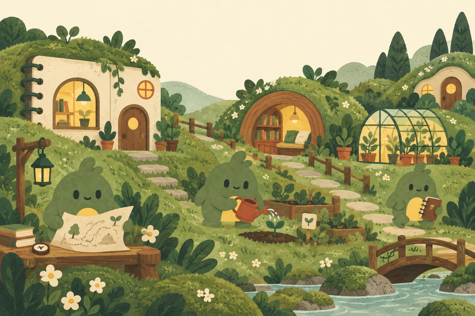 Three little Nookins read a map, tend seedlings, and carry a notebook in a village of cozy workspaces.